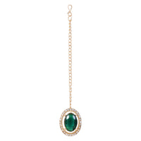 Etnico Gold Plated Stylish Design Crystal Diamond Oval Shape Necklace With Earrings & Maang Tikka Jewellery Set for Women (IJ405M)
