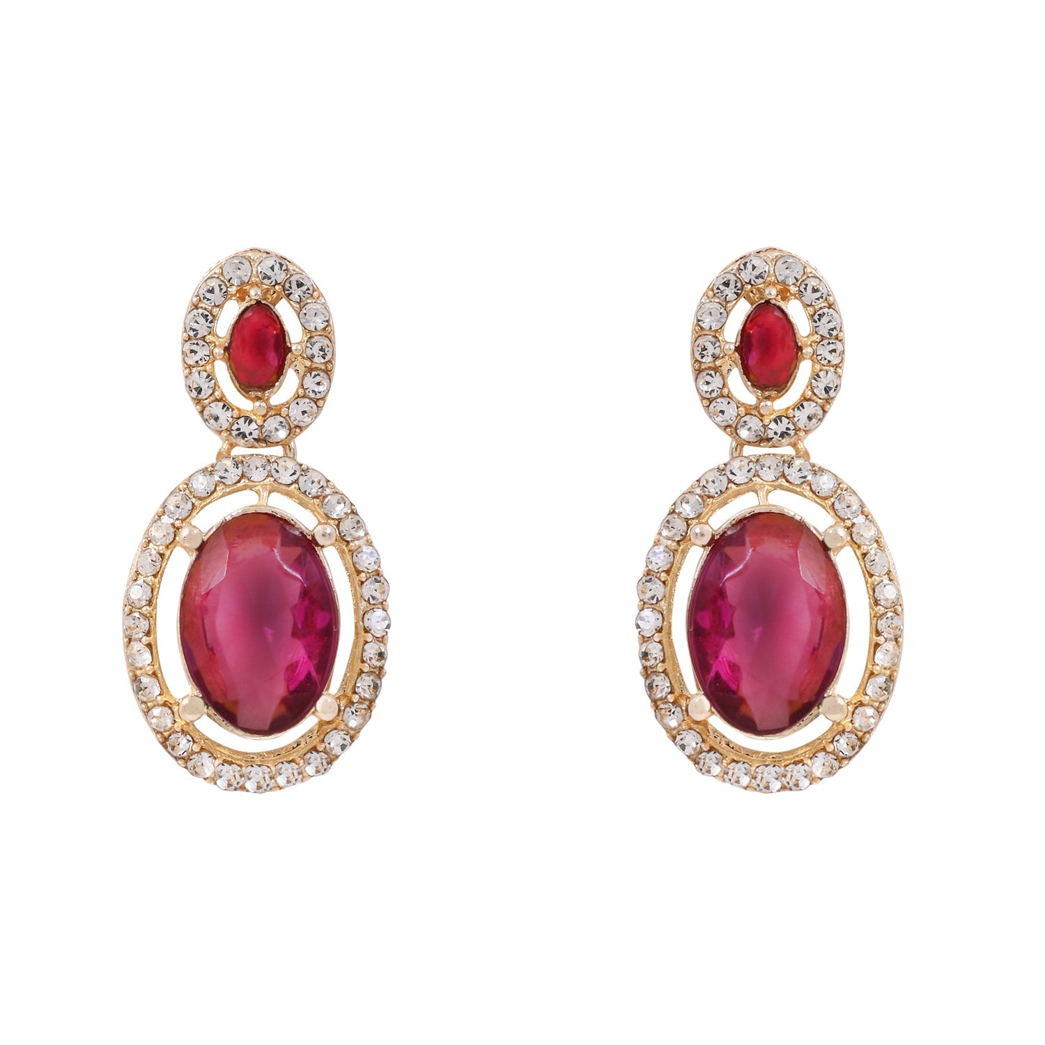 Etnico Gold Plated Stylish Design Crystal Diamond Oval Shape Necklace With Earrings & Maang Tikka Jewellery Set for Women (Wine)
