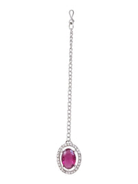 Etnico Silver Plated Stylish Design Crystal Diamond Oval Shape Necklace With Earrings & Maang Tikka Jewellery Set for Women (IJ405ZWi)