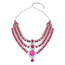 Etnico Silver Plated Traditional Multi-Layer Round Stone Necklace Jewellery With Earrings & Maang Tikka Set for Women (Silver Dark Pink)