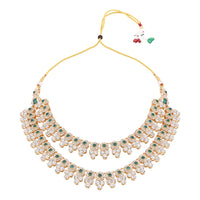 Etnico Gold Plated Stylish Design Crystal Diamond Necklace With Earrings & Maang Tikka Jewellery Set for Women (Green)