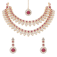 Etnico Gold Plated Stylish Design Crystal Diamond Necklace With Earrings & Maang Tikka Jewellery Set for Women (IJ415Wi)
