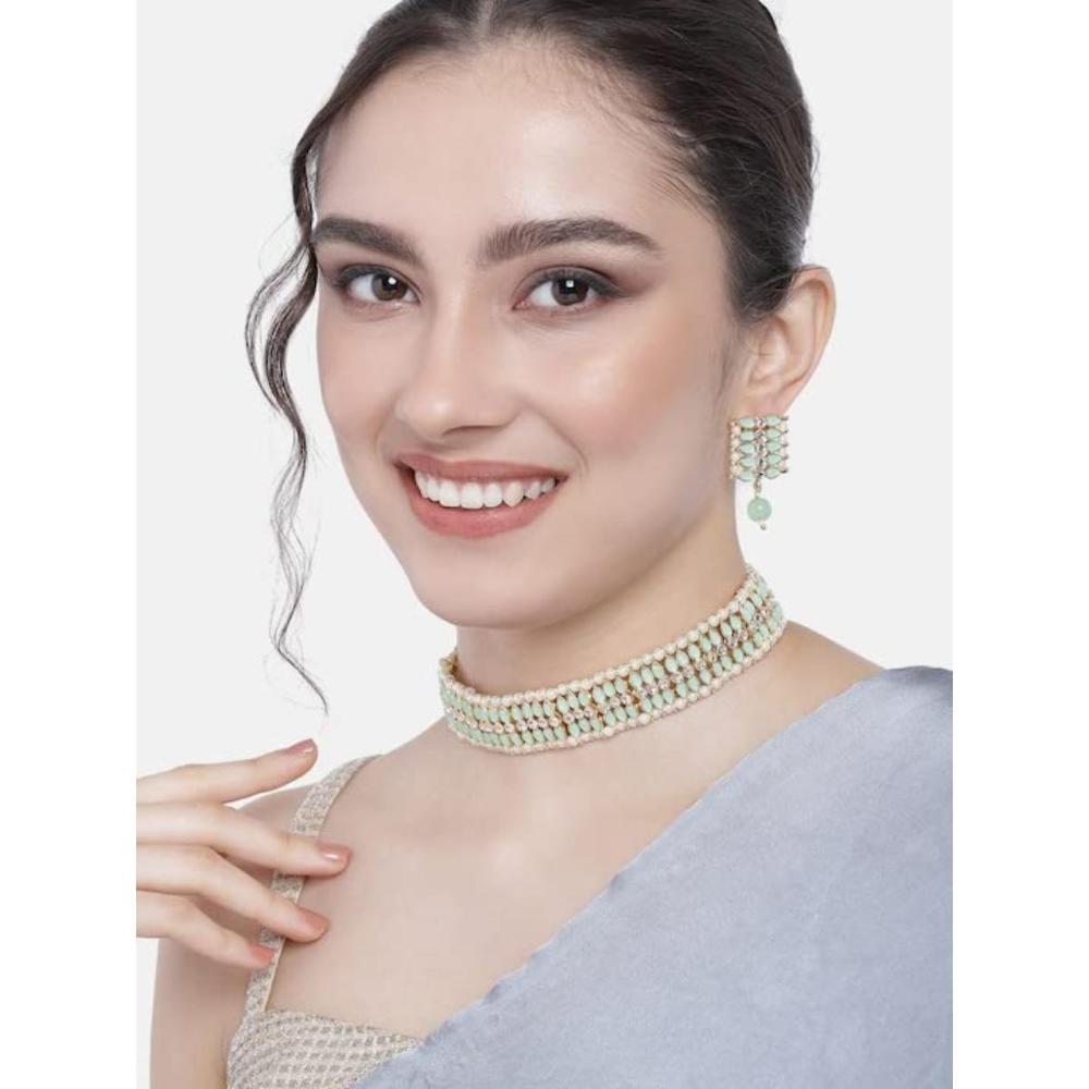 Etnico Gold Plated Traditional Kundan Pearl Choker Necklace Jewellery Set For Women And Girls (K7209) (Mint)