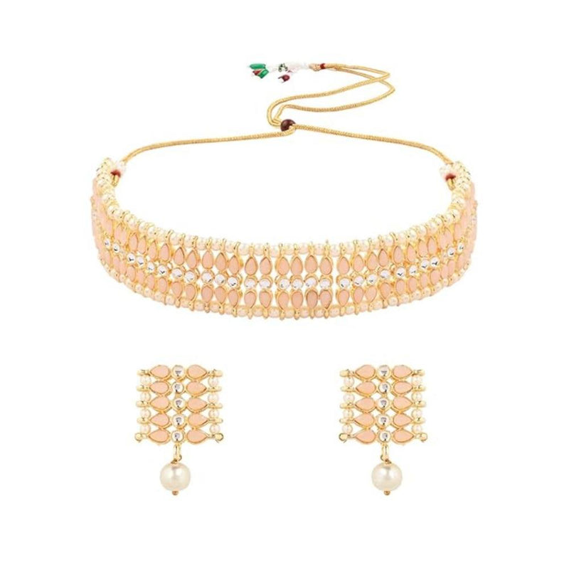 Etnico Gold Plated Traditional Kundan Pearl Choker Necklace Jewellery Set For Women And Girls (K7209) (Peach)