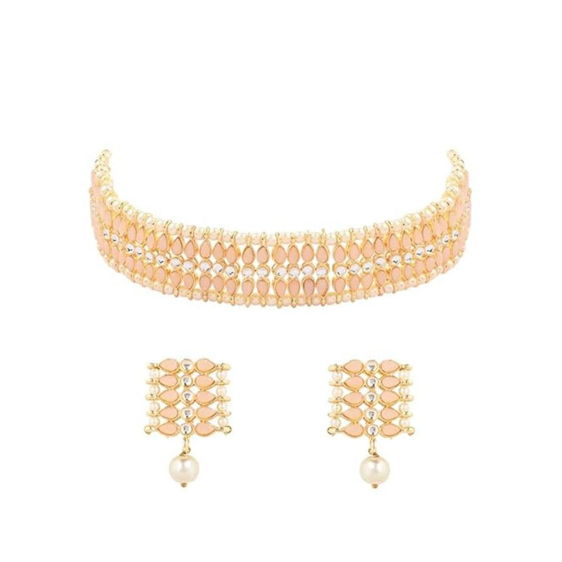 Etnico Gold Plated Traditional Kundan Pearl Choker Necklace Jewellery Set For Women And Girls (K7209) (Peach)