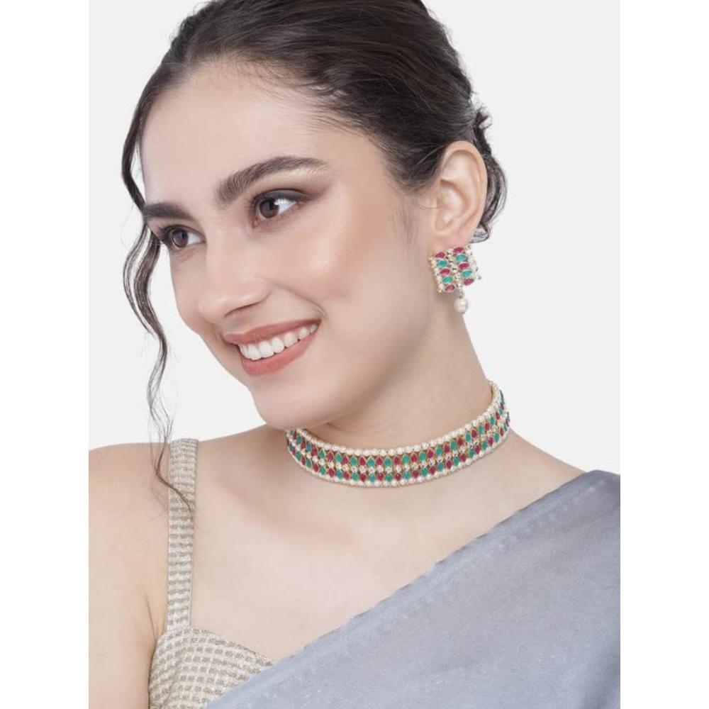 Etnico Gold Plated Traditional Peach Pearl & Kundan Studded Choker Necklace Jewellery Set For Women/Girls (K7209QG)