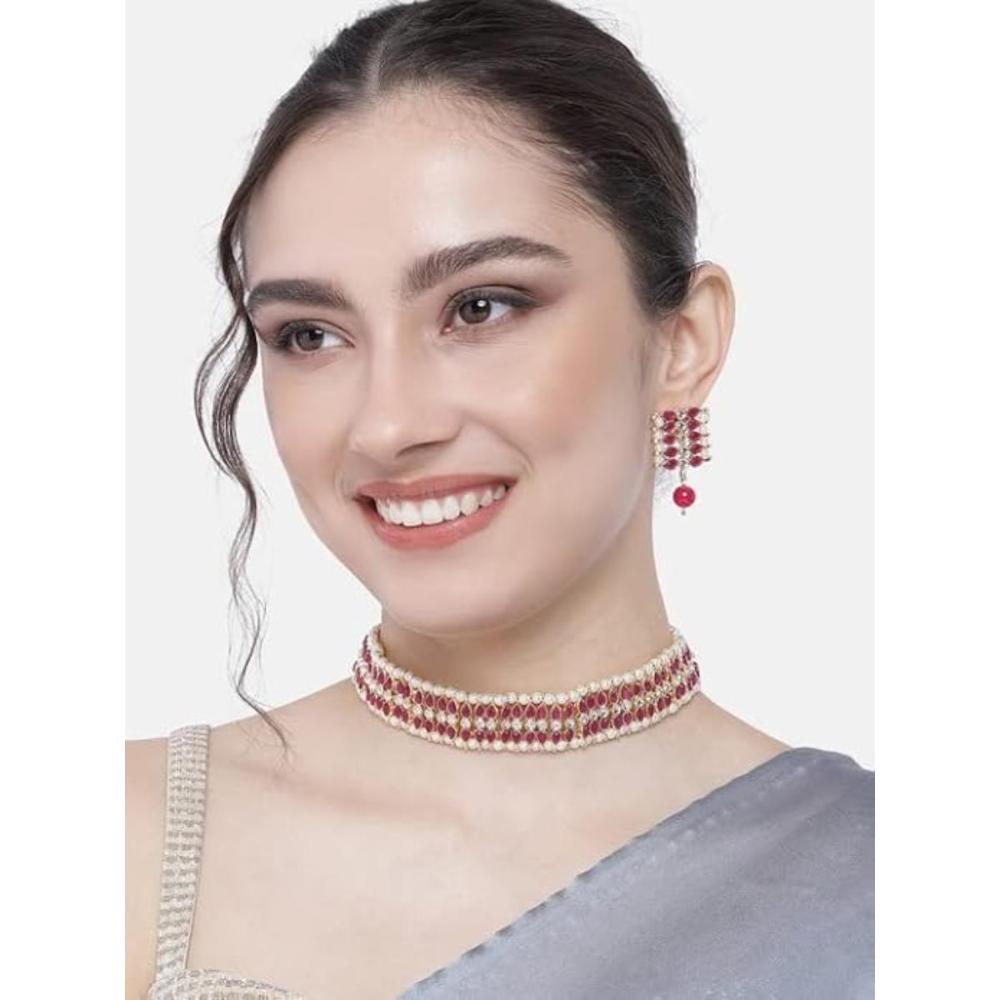 Etnico Gold Plated Traditional Kundan Pearl Choker Necklace Jewellery Set For Women And Girls (K7209) (Rani Pink)