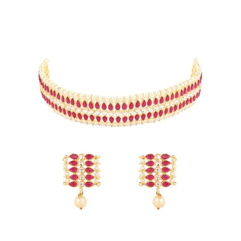 Etnico Gold Plated Traditional Kundan Pearl Choker Necklace Jewellery Set For Women And Girls (K7209) (Rani Pink)