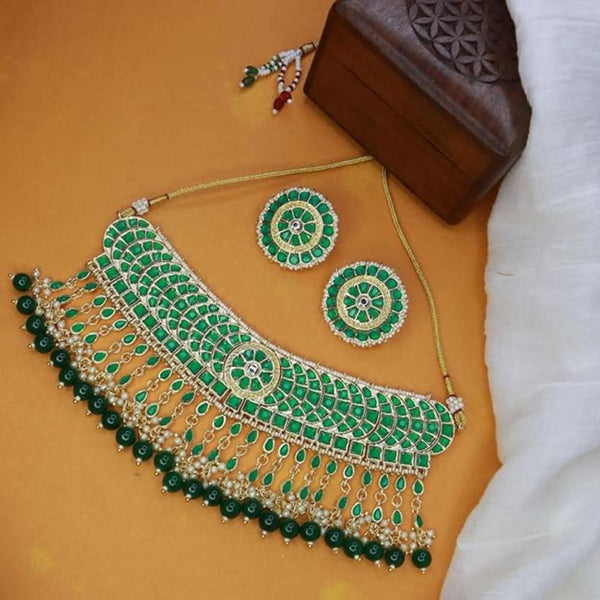 Etnico Gold Plated Traditional Kundan & Pearl Studded Choker Necklace Set For Women/Girls (K7210) (Full Green)