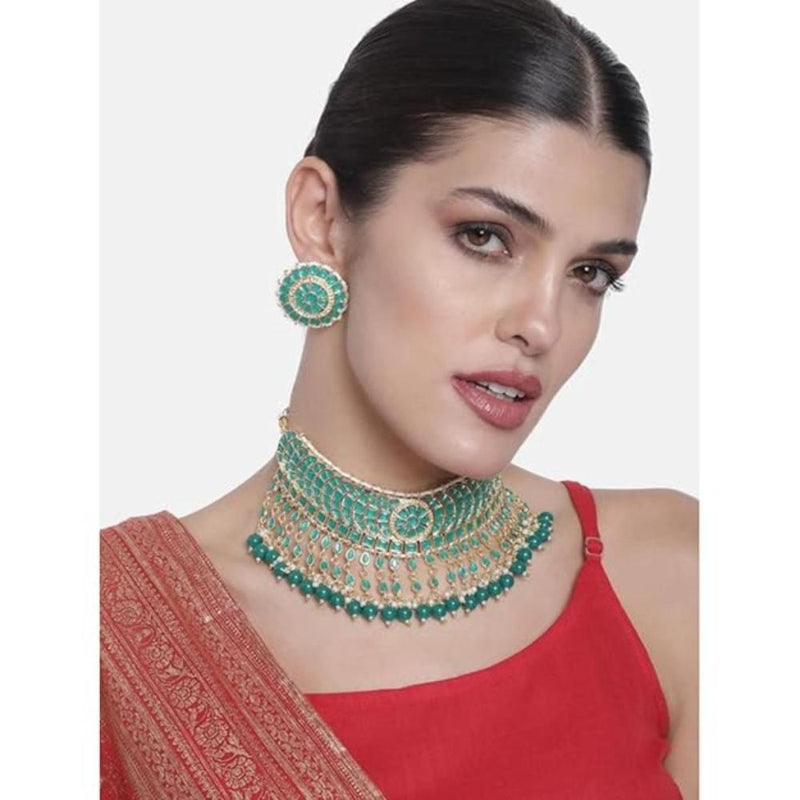 Etnico Gold Plated Traditional Kundan & Pearl Studded Choker Necklace Set For Women/Girls (K7210) (Full Green)