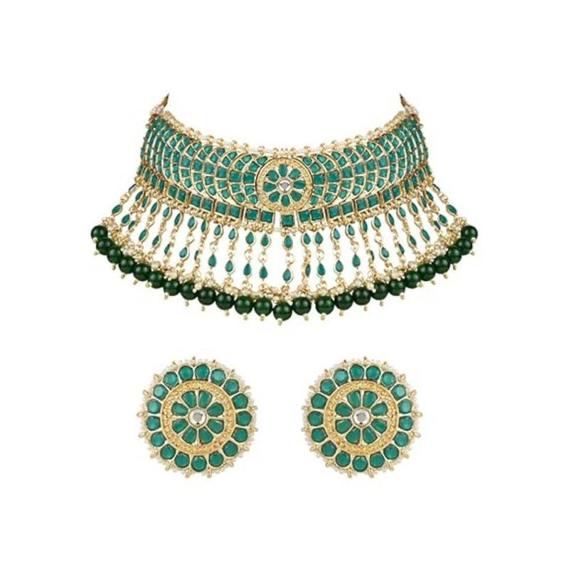 Etnico Gold Plated Traditional Kundan & Pearl Studded Choker Necklace Set For Women/Girls (K7210) (Full Green)