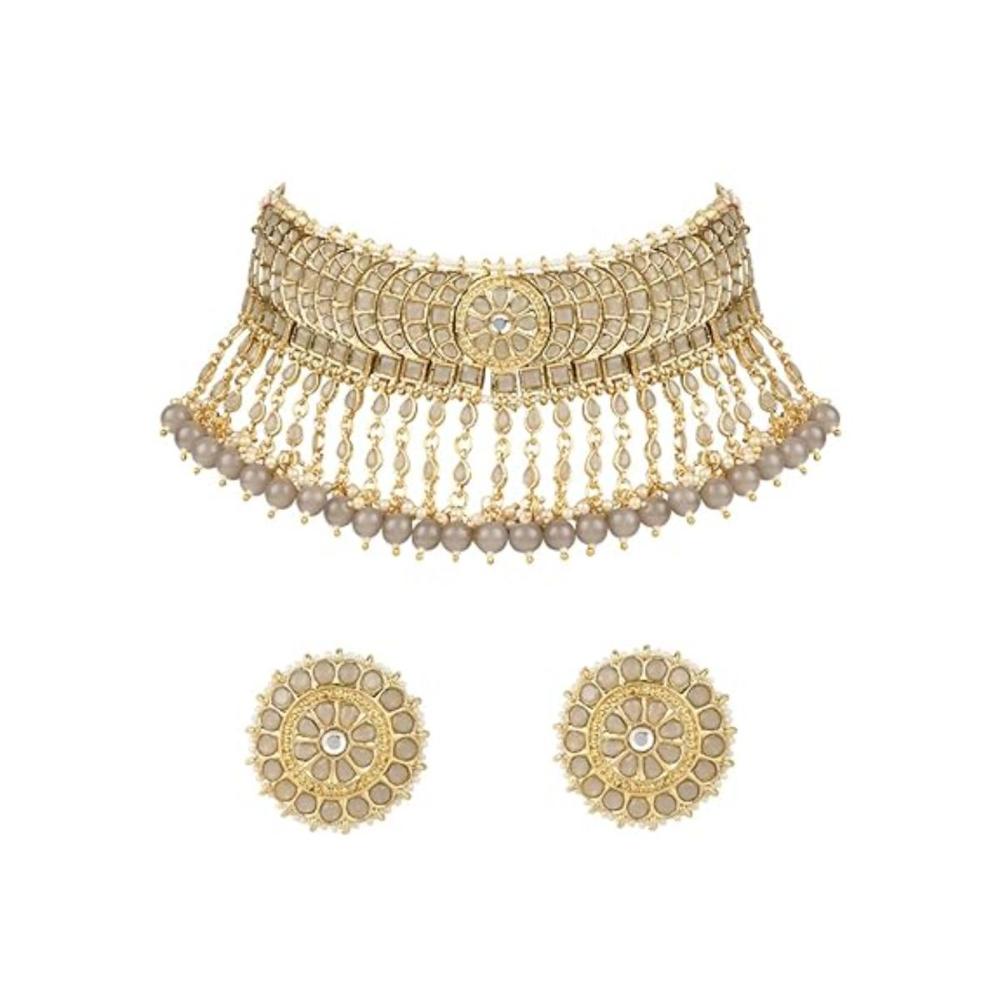 Etnico Gold Plated Traditional Kundan & Pearl Studded Choker Necklace Set For Women/Girls (K7210) (Full Grey)