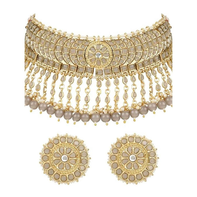 Etnico Gold Plated Traditional Kundan & Pearl Studded Choker Necklace Set For Women/Girls (K7210) (Full Grey)