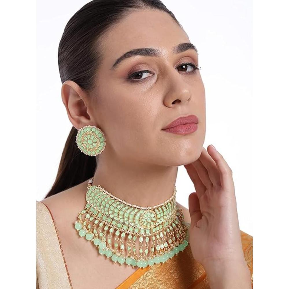 Etnico Gold Plated Traditional Kundan & Pearl Studded Choker Necklace Set For Women/Girls (K7210) (Full Mint)