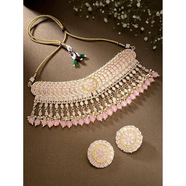 Etnico Gold Plated Traditional Kundan & Pearl Studded Choker Necklace Set For Women/Girls (K7210) (Full Pink)