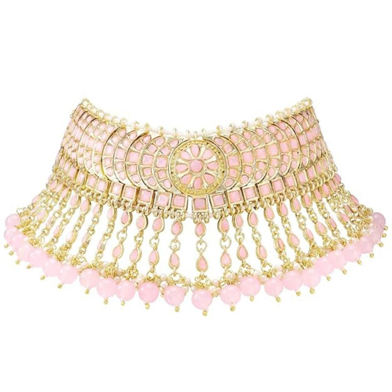 Etnico Gold Plated Traditional Kundan & Pearl Studded Choker Necklace Set For Women/Girls (K7210) (Full Pink)