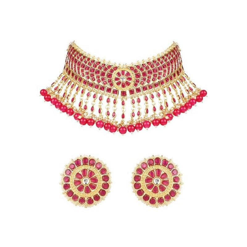 Etnico Gold Plated Traditional Kundan & Pearl Studded Choker Necklace Set For Women/Girls (K7210) (Full Rani Pink)