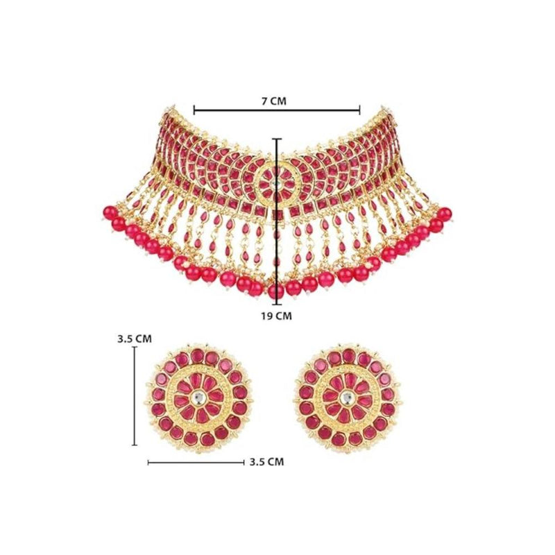 Etnico Gold Plated Traditional Kundan & Pearl Studded Choker Necklace Set For Women/Girls (K7210) (Full Rani Pink)