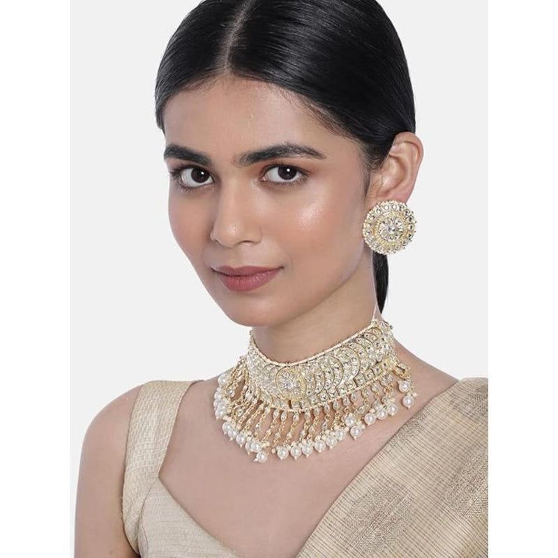 Etnico Gold Plated Traditional Kundan & Pearl Studded Bridal Choker Necklace With Round Earrings Jewellery Set For Women (K7210W)