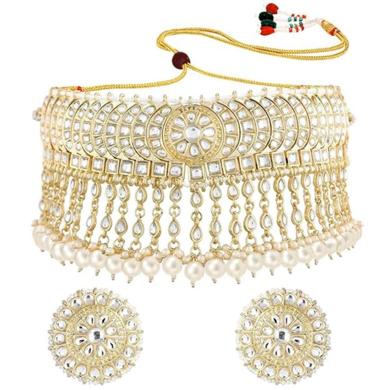 Etnico Gold Plated Traditional Kundan & Pearl Studded Bridal Choker Necklace With Round Earrings Jewellery Set For Women (K7210W)