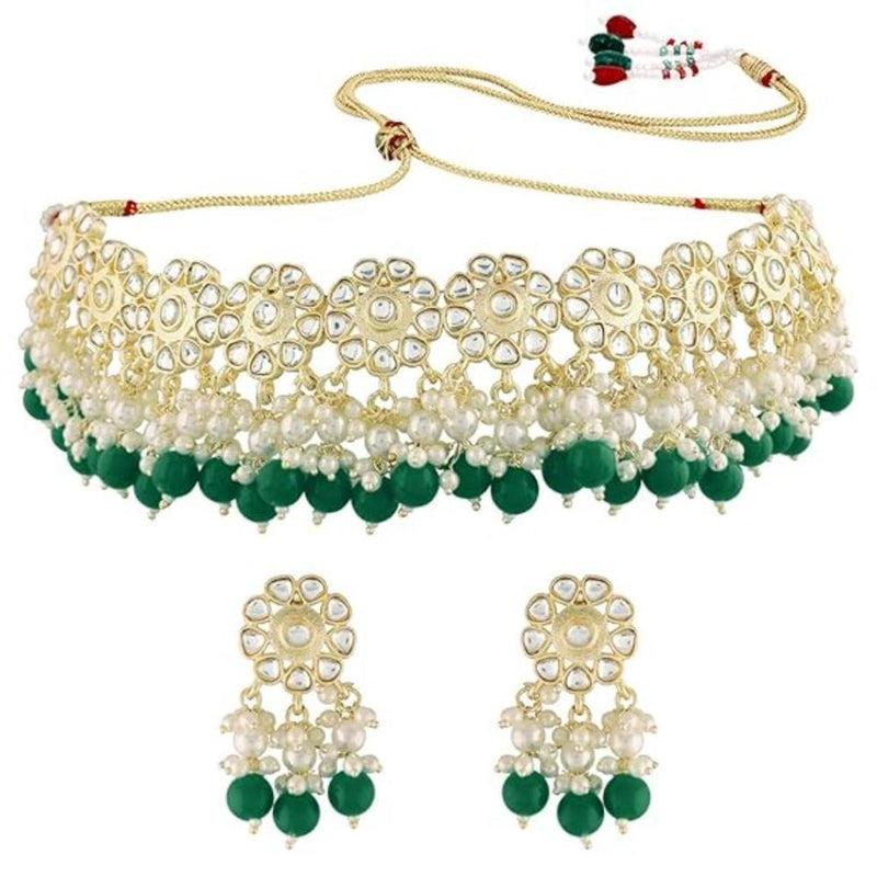 Etnico Gold Plated Traditional Kundan & Pearl Studded Choker Necklace Set For Women/Girls (K7213G)