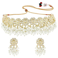 Etnico Gold Plated Traditional Kundan & Pearl Studded Choker Necklace Set For Women/Girls (K7213WH)