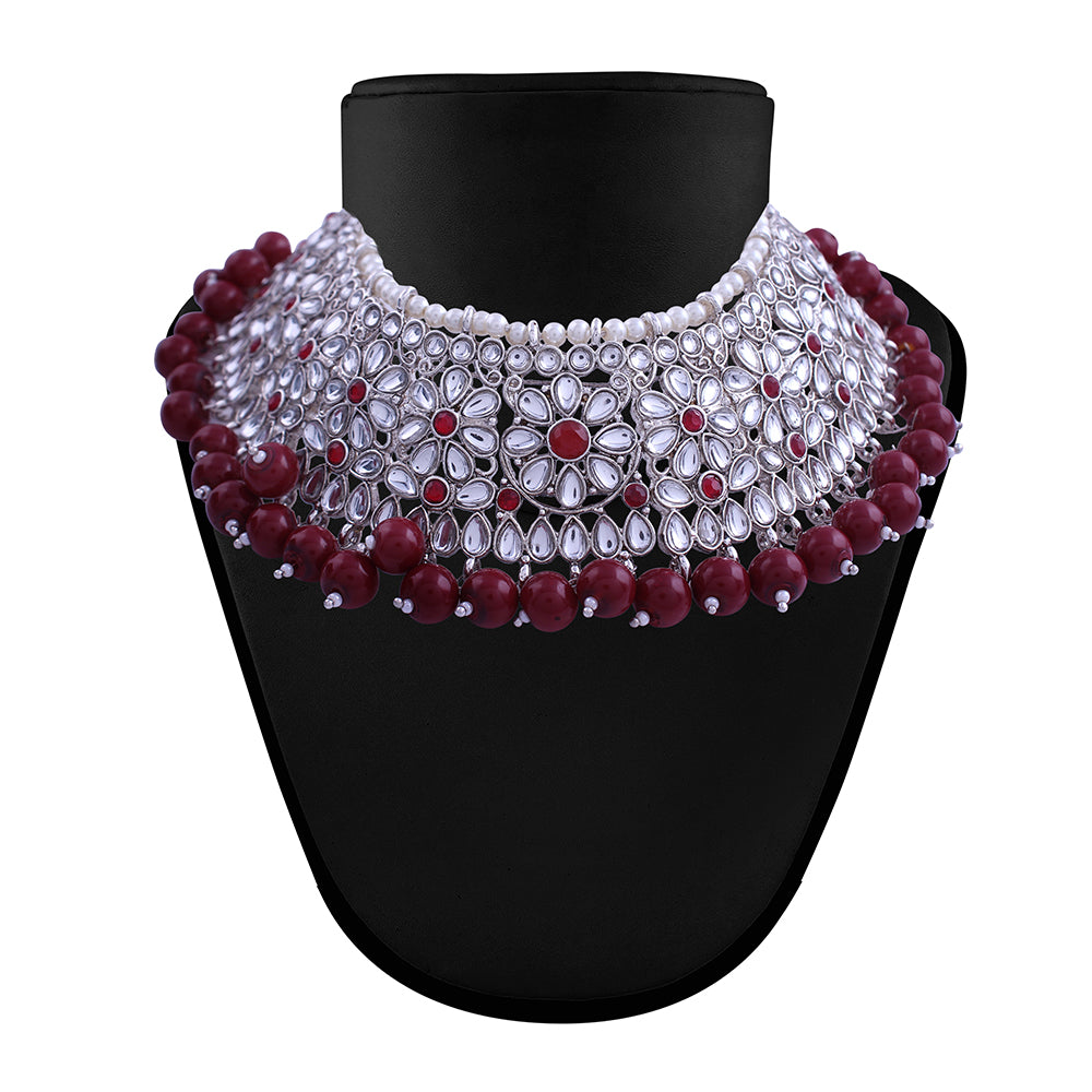 Etnico Silver Plated Traditional Pearl Kundan Studded Choker Jewellery Necklace Set with Maang Tikka for Women (K7217ZM)