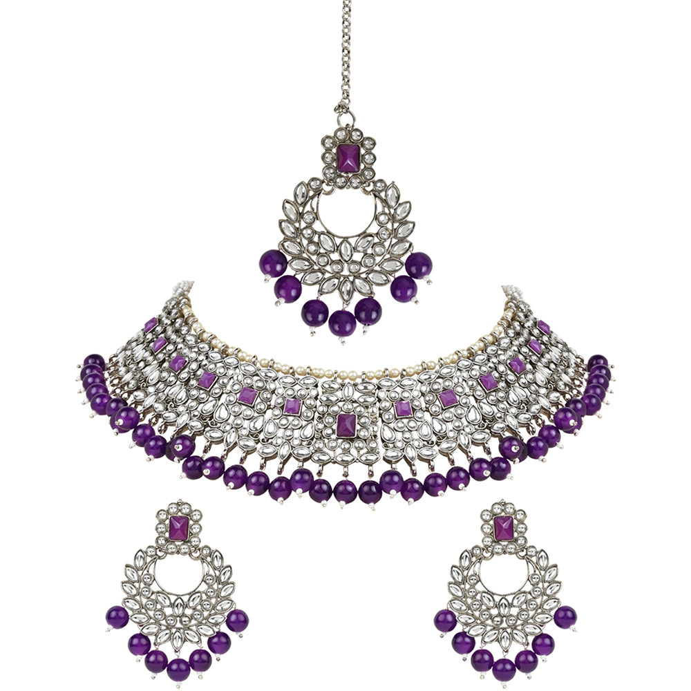 Etnico Gold Plated Traditional Pearl Kundan Studded Choker Jewellery Necklace Set with Maang Tikka for Women (K7218Pu)