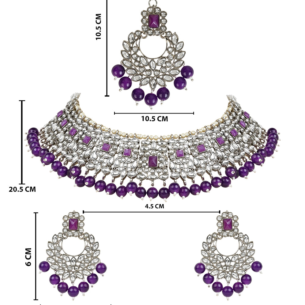 Etnico Gold Plated Traditional Pearl Kundan Studded Choker Jewellery Necklace Set with Maang Tikka for Women (K7218Pu)