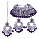 Etnico Silver Plated Traditional Pearl Kundan Studded Choker Jewellery Necklace Set with Maang Tikka for Women (K7218ZPu)