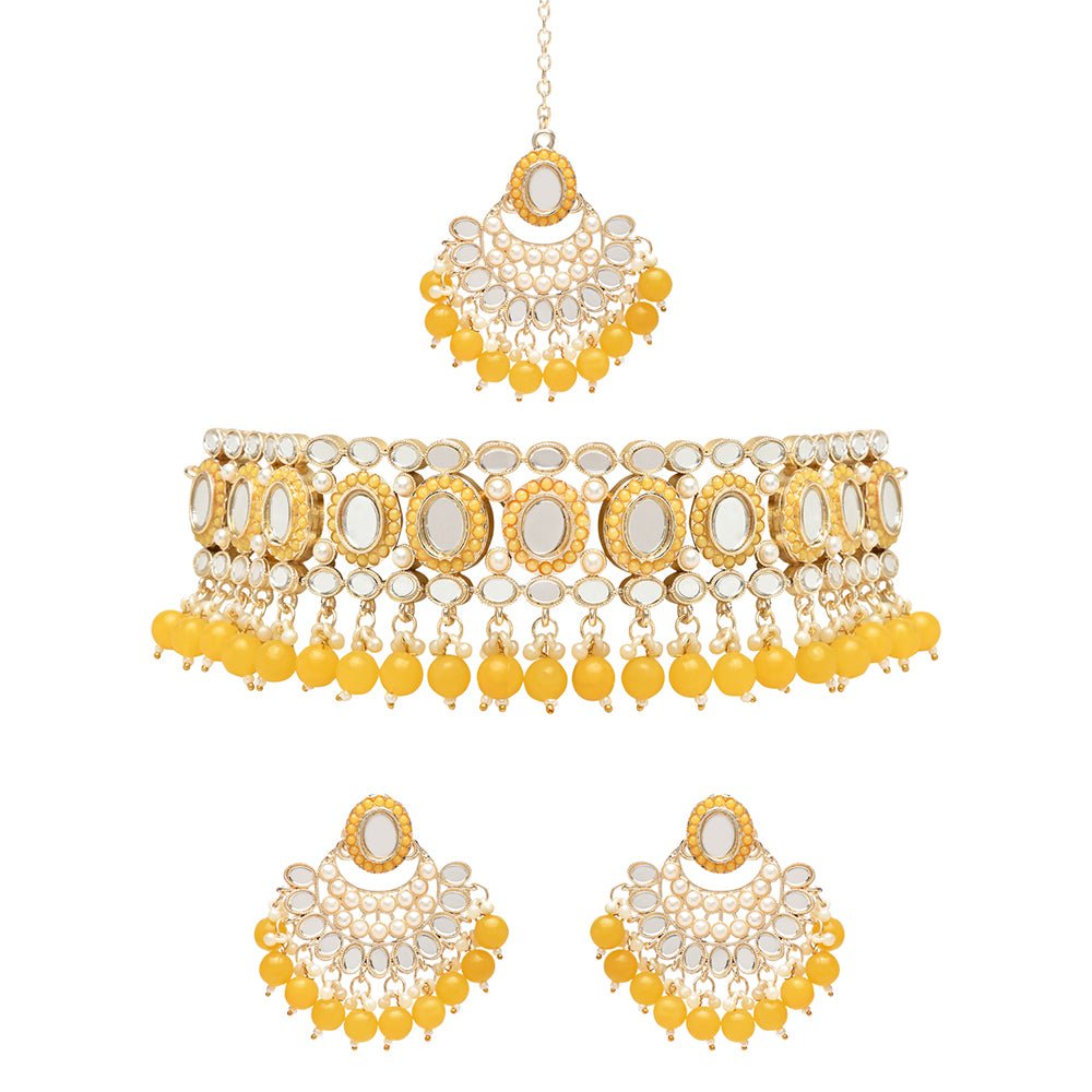 Etnico Gold Plated Traditional Kundan & Pearls Choker Necklace Set Gift for Women & Girls(K7228Y)