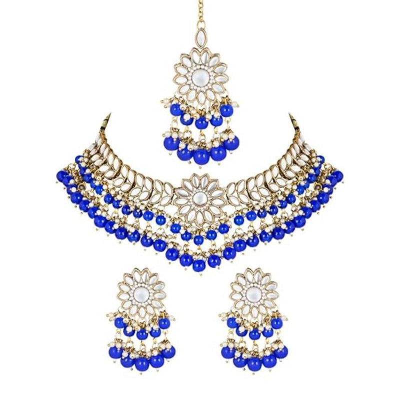 Etnico 18K Gold Plated Traditional Kundan Studded Blue Pearl Hanging Choker Necklace Jewellery Set With Earrings & Maang Tikka For Women & Girls (K7232Bl)