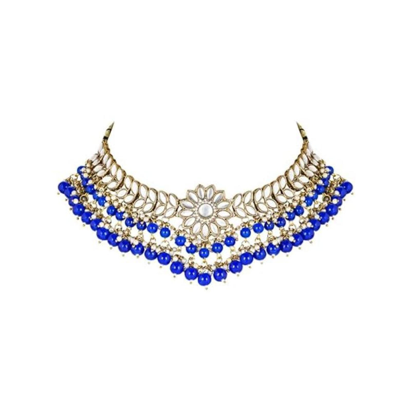 Etnico 18K Gold Plated Traditional Kundan Studded Blue Pearl Hanging Choker Necklace Jewellery Set With Earrings & Maang Tikka For Women & Girls (K7232Bl)