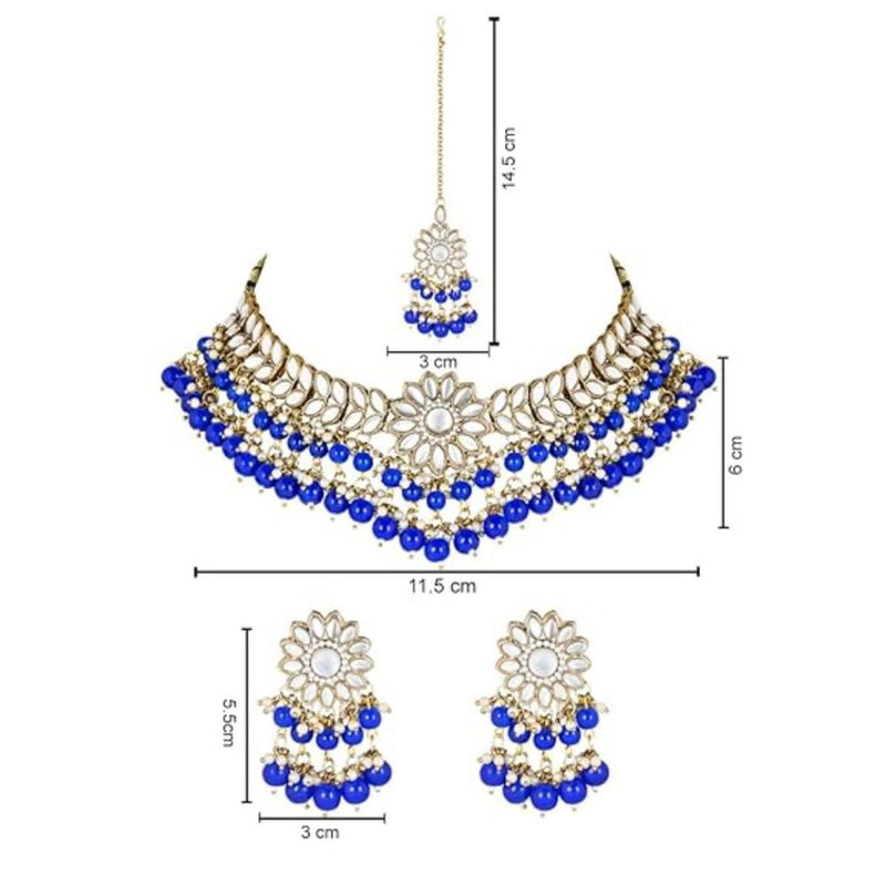 Etnico 18K Gold Plated Traditional Kundan Studded Blue Pearl Hanging Choker Necklace Jewellery Set With Earrings & Maang Tikka For Women & Girls (K7232Bl)