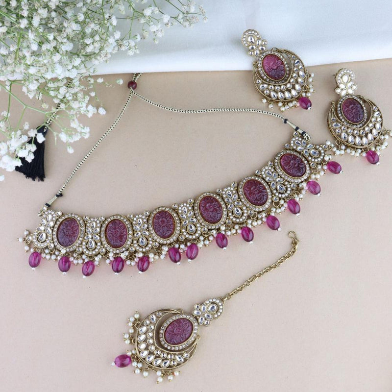 Etnico Gold Plated Traditional Red Pearl Kundan & Stone Studded Jewellery Necklace Set with Maang Tikka for Women (K7233Pu)