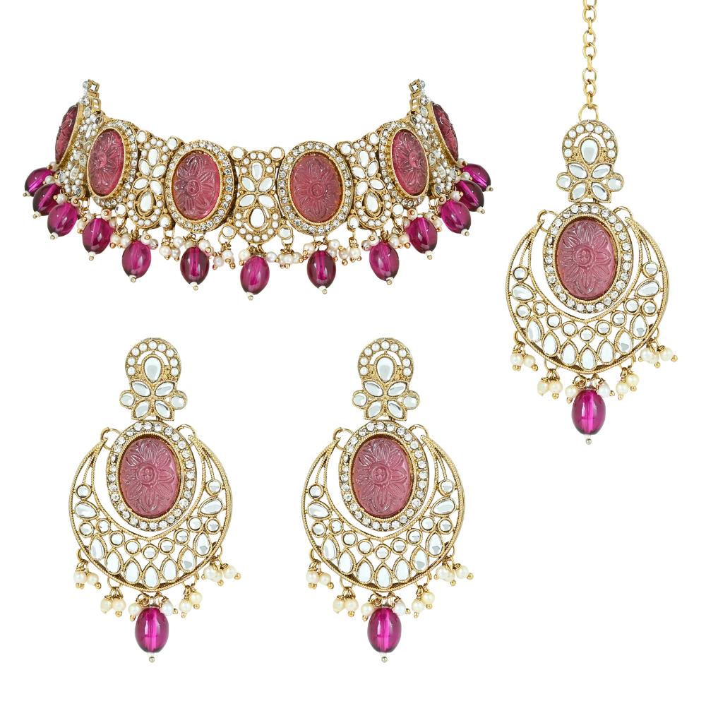 Etnico Gold Plated Traditional Red Pearl Kundan & Stone Studded Jewellery Necklace Set with Maang Tikka for Women (K7233Pu)
