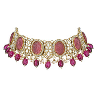 Etnico Gold Plated Traditional Red Pearl Kundan & Stone Studded Jewellery Necklace Set with Maang Tikka for Women (K7233Pu)