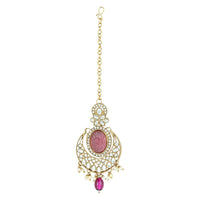 Etnico Gold Plated Traditional Red Pearl Kundan & Stone Studded Jewellery Necklace Set with Maang Tikka for Women (K7233Pu)
