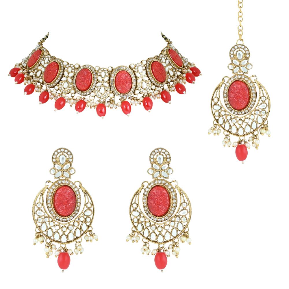 Etnico Gold Plated Traditional Red Pearl Kundan & Stone Studded Jewellery Necklace Set with Maang Tikka for Women (K7233R)