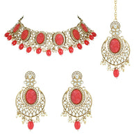 Etnico Gold Plated Traditional Red Pearl Kundan & Stone Studded Jewellery Necklace Set with Maang Tikka for Women (K7233R)