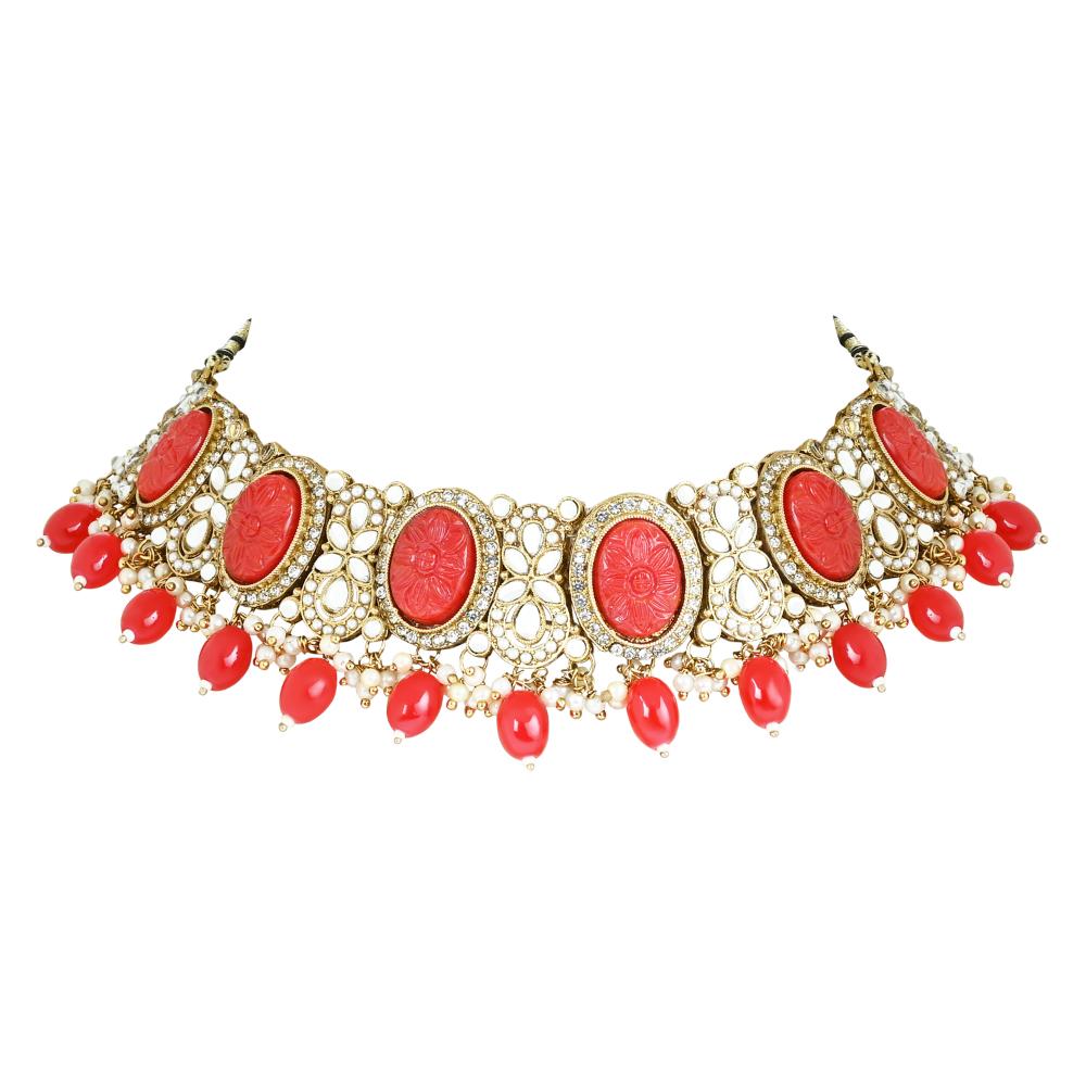 Etnico Gold Plated Traditional Red Pearl Kundan & Stone Studded Jewellery Necklace Set with Maang Tikka for Women (K7233R)