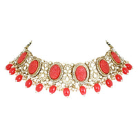 Etnico Gold Plated Traditional Red Pearl Kundan & Stone Studded Jewellery Necklace Set with Maang Tikka for Women (K7233R)