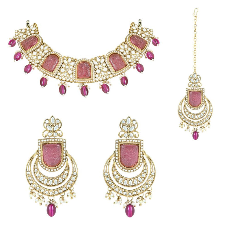 Etnico Gold Plated Traditional Pearl Kundan & Stone Studded Jewellery Necklace Set with Maang Tikka for Women (K7234Pu)