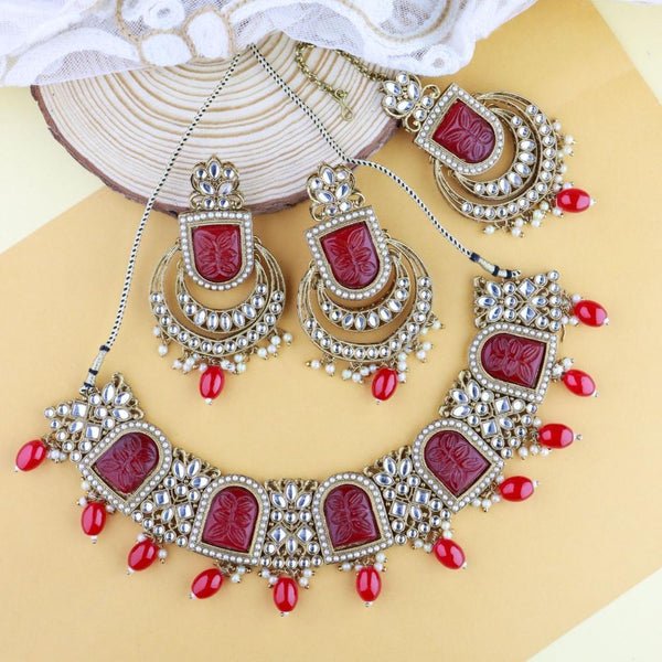 Etnico Gold Plated Traditional Pearl Kundan & Stone Studded Jewellery Necklace Set with Maang Tikka for Women (K7234R)