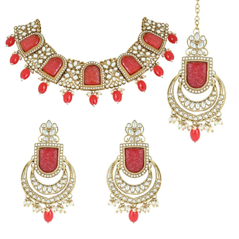 Etnico Gold Plated Traditional Pearl Kundan & Stone Studded Jewellery Necklace Set with Maang Tikka for Women (K7234R)