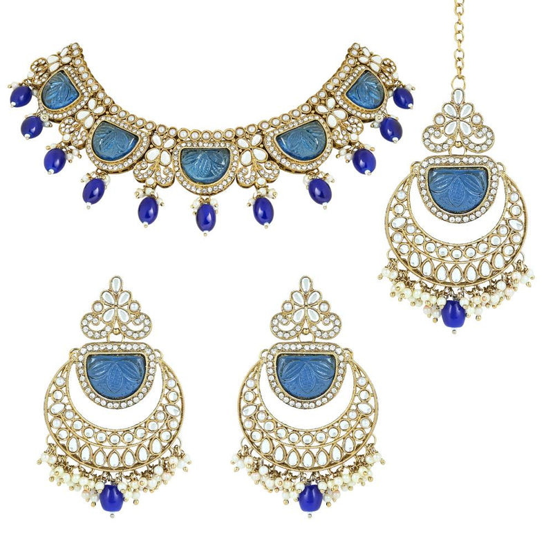 Etnico Gold Plated Traditional Pearl Kundan & Stone Studded Jewellery Necklace Set with Maang Tikka for Women (K7235) (Blue)