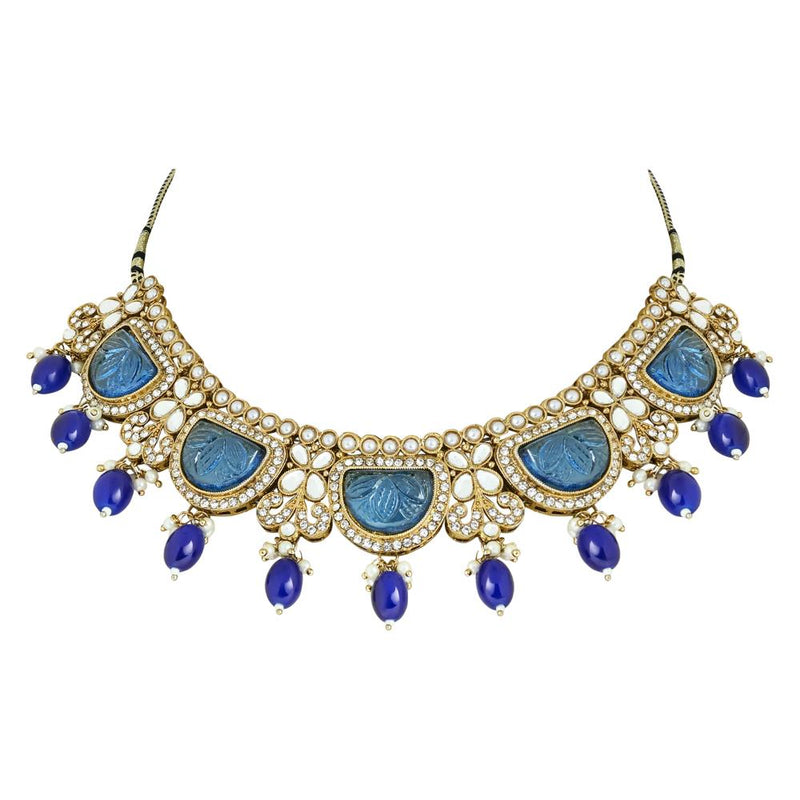 Etnico Gold Plated Traditional Pearl Kundan & Stone Studded Jewellery Necklace Set with Maang Tikka for Women (K7235) (Blue)