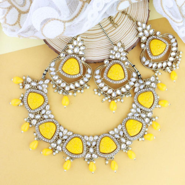 Etnico Gold Plated Traditional Pearl Kundan & Stone Studded Jewellery Necklace Set with Maang Tikka for Women (K7236Y)