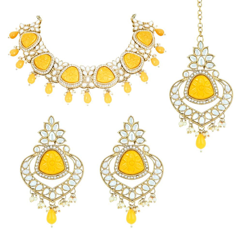 Etnico Gold Plated Traditional Pearl Kundan & Stone Studded Jewellery Necklace Set with Maang Tikka for Women (K7236Y)