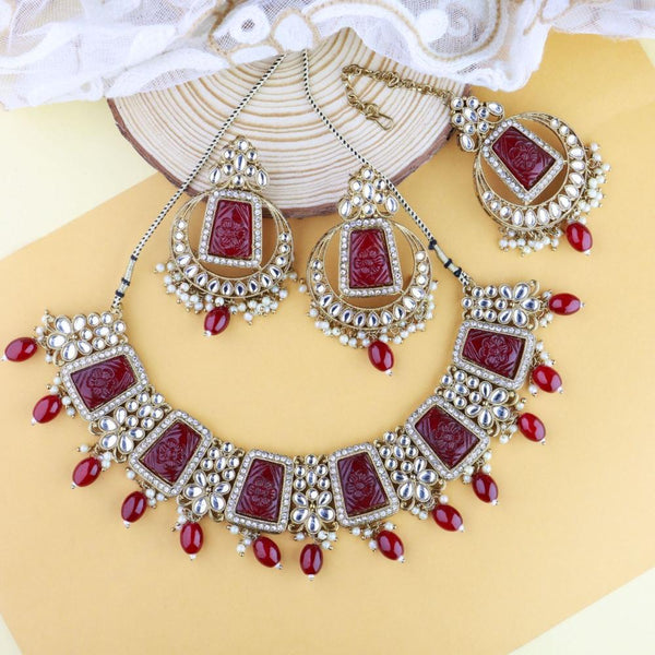Etnico Gold Plated Traditional Pearl Kundan & Stone Studded Jewellery Necklace Set with Maang Tikka for Women (K7237R)